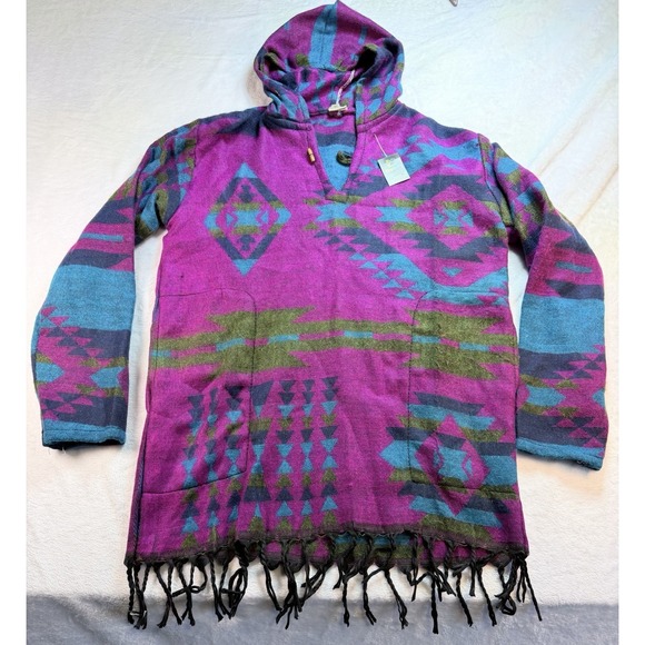 Magic Touch Corporation Sweaters - Vtg Magic Touch Southwestern 100% Pure Wool Hooded Pullover Fringe India Sz M